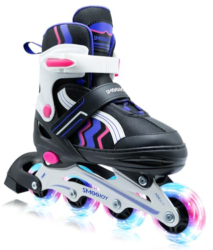SMOOJOY Inline Skates for Kids Light-Up Wheels Aluminum Frame Black Rose Red Blade Skate for Boys and Girls S, M, L Sizes, Ages 8-12, Perfect for Beginners Indoors and Outdoors