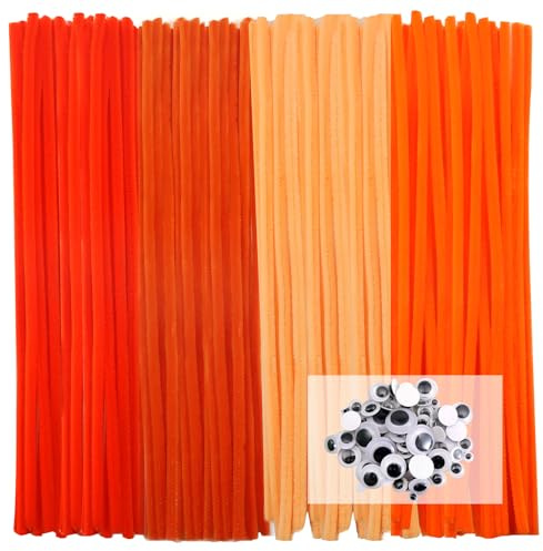 TOAOB 100 Stück 4 Verschiedene Orange Pfeifenputzer zum Basteln | Pfeifenreiniger 6 mm x 30 cm, Pipe Cleaner Basteln Set, mit Wackelaugen Selbstklebende, für DIY Handwerksprojekte