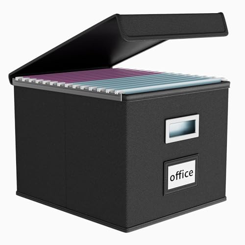 FINEW Boîte de rangement pliable en tissu avec couvercle - Pour dossiers suspendus au format A4 - Boîtes de rangement pour bureau - Boîte pliable pour les familles - Noir