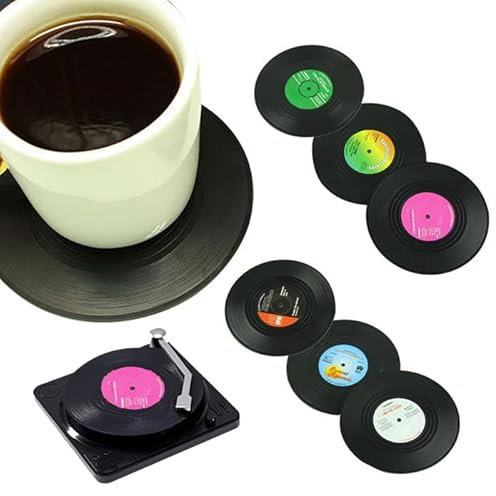 Vonmerie 6 er Set Retro-Schallplatten-Untersetzer, mit Rutschfester Designbasis, geeignet zum Abstellen von Kaffee und Getränken, geeignet für Bars, Cafés, Häuser, Partys, Büro (Classic, 10.5cm)