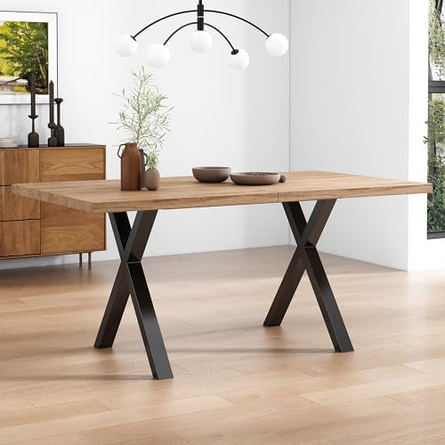 Merax Esstisch, Design mit gekreuzten Beinen, moderner einfacher rechteckiger Esstisch aus Schmiedeeisen, L140*B80*H76cm,Eiche+schwarz