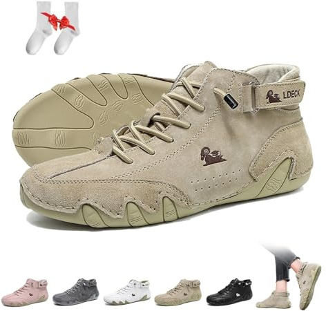 Stivali alti da donna in morbida pelle scamosciata fatti a mano Outdoor Impermeabili Ultra-comfort Scarpe Beck Antiscivolo Minimaliste Casual Sneakers Escursionismo Barefoot Boots(Cachi,39 EU)