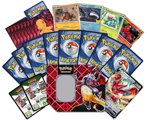 Pokemon MEGA Geschenk Paket | 1 große zufällige Tin Box mit 100 zufälligen Karten | 1 V Karte | 65 Hüllen | 10 Codes | 20 Holo Karten & Zubehör Heartforcards Versandschutz