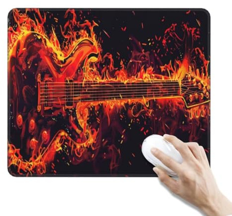 Klein Mauspad Schwarz Mauspad Schreibtischunterlage Wasserdicht Mousepad Klein Gaming Mauspad Klein rutschfeste Gummierte Unterseite für Büro, Gaming Zubehör Deko (240x200x3 mm, Brennende Gitarre)