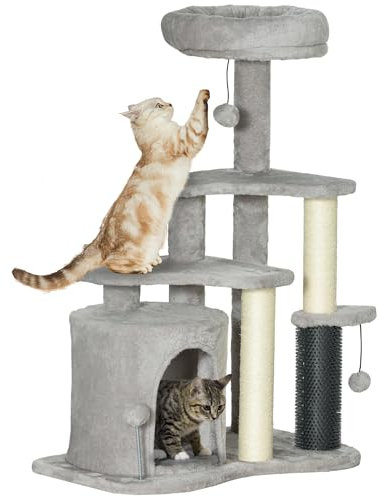 PawHut Arbre à Chat, Arbre à Grimper pour Chat, Centre d'activités Hauteur 87 cm à 3 Niveaux avec Plates-Formes, lit, griffoirs, Niche, balles Jouets, Poteau chatouilleux, Gris Clair