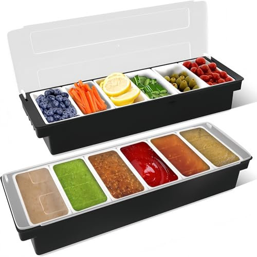 Küchera Pizza Topping Station with 6 Compartments – Chilled Condiment Server for Salad & Tacos – Lidded Ice-Cooled Food Container – Reusable Party Platter for Home, BBQ & Picnics