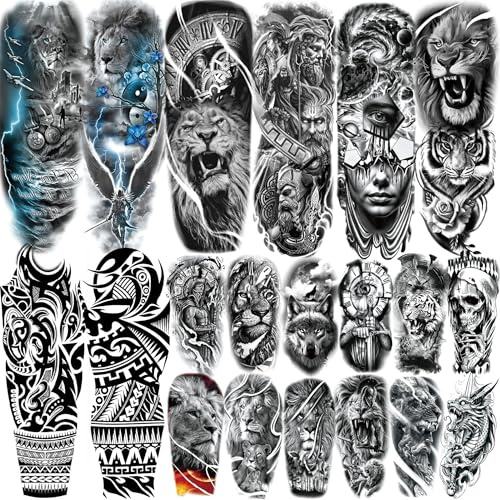 20 Blätter Ganzen Arm Schwarz Löwe Temporäre Tattoos Männer Frauen Klebetattoos Erwachsene, Maori Tiger Uhr Tattoos Zum Aufkleben Damen Herren, Halloween Tattoo Aufkleber Krieger Blume Gladiator