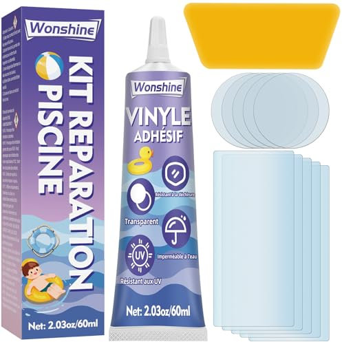 Wonshine Kit de Réparation Piscine, Rustine Piscines, Transparente Kit Reparation Spa Gonflable, Colle PVC pour Bouées, Produits gonflables, Matelas et Bateaux (60 ML)