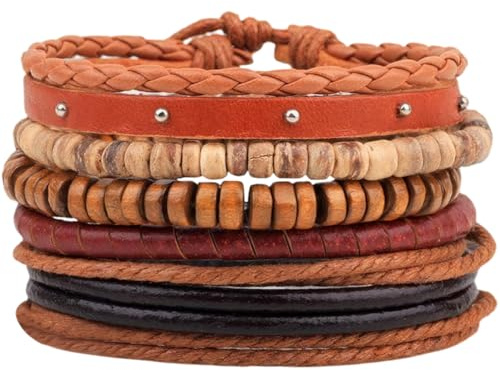 CALFOVERA Pulseras de Madera de 5 Estilos, Ajustables, Trenzadas, de Cuero Sintético, Apilables, Étnicas, Tribales, de Cáñamo, con Cuentas de Concha de Coco de Madera Natural, para Hombres Y Mujeres.