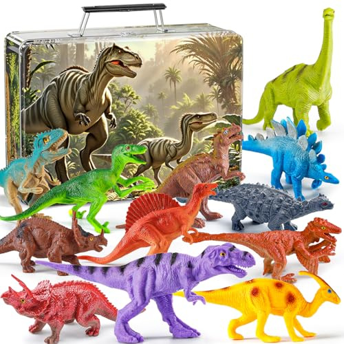HahaGift Dinosaur Toys for Boys: 12PCS Realistic Dinosaur Figures with Metal Storage Box for Kids Age 2 3 4, Dino Game Toys for 2 3 4 5 Year Old Boys Birthday Gifts