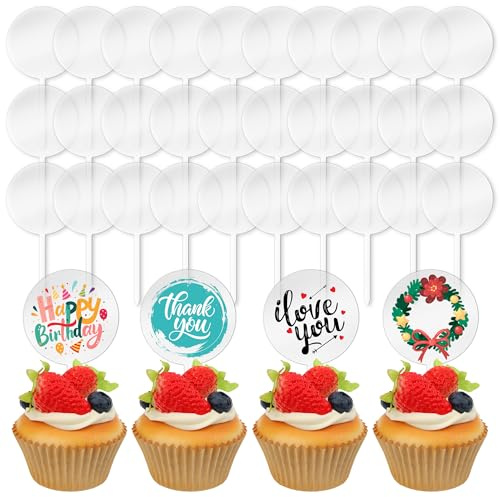 Blank Acrylic Cupcake Toppers, 50 Packs Round Cupcake Topper with Sticks, DIY Dessert Table Cupcake Signs, Suitable for Birthdays, Weddings, Christmas, Baby Showers Cake Decoration