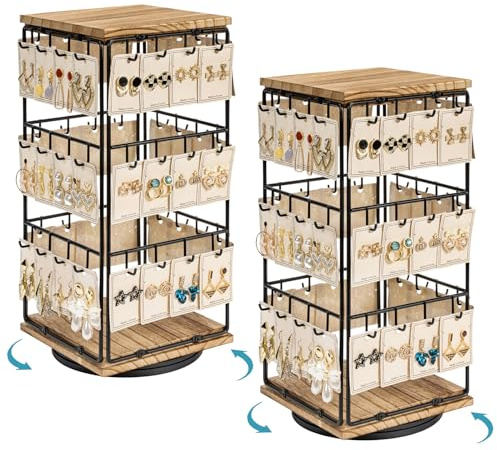 Emfogoo 2 Pack 360° Rotating Earring Display Stand for Vendors Selling, Jewellery Display Rack with Wooden Base, Earring Storage Organiser for Earring Cards, Necklaces, Rings, Bracelets (Rustic Brown)