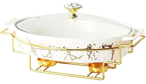 ASumPio Chafing Dish Buffet Set, Ceramics Chafer with Imitation Marble Finish, Chafer and Buffet Warmer Set for Buffet Weddings, Parties, Banquets, Catering Events,White-round cover