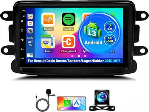4+64G Android 14 Car Stereo for Renault Dacia Duster/Sandero/Logan/Dokker 2013-2017 with Carplay Android Auto GPS Navi 7 inch Touchscreen Bluetooth EQ Wifi FM/RDS Mirrorlink DAB+ Backup Camera Mic