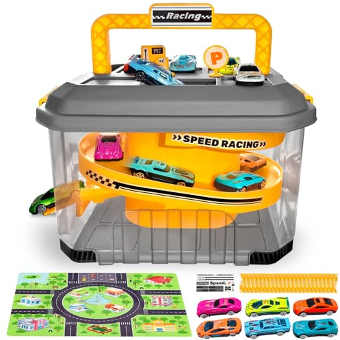 Juego de almacenamiento de pista de coche de juguete, juguetes para niños de 2 a 4 años, juego de coche de juguete que incluye 12 autos fundidos, tapete de juego, pistas de carreras, rampa de coche