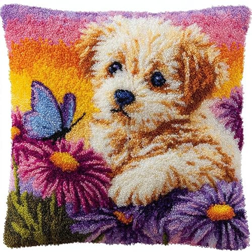 YarnAdventures Tier Hund Knüpfkissen-Set,Süßer Hund und Schmetterling,knüpfkissen Set für Anfänger Erwachsene oder Kinder zum Selber Knüpfen,Knüpfpackung Knüpfset Kissen,17x17in