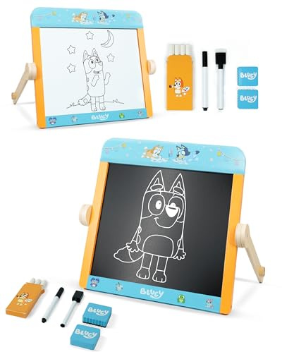 Bluey Tabletop Easel for Kids – 2 in 1 Double-Sided Chalkboard and Whiteboard with Pen, Chalk & Eraser – Portable Drawing Board for Children