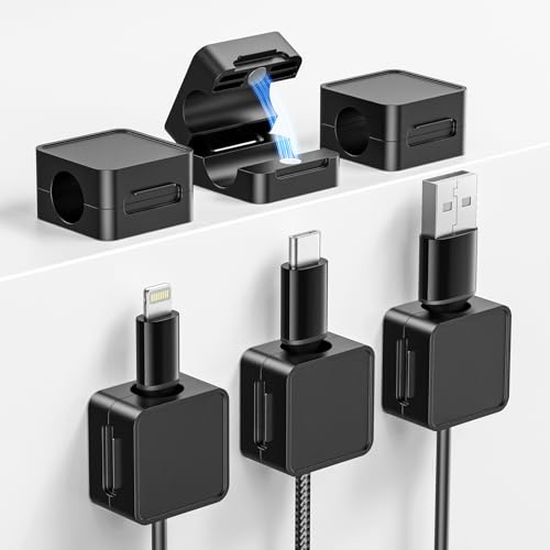 Magnetic Cable Clips, 6 Pack Cord Holder Desk Cable Management, Adhesive Wire Holder Keeper Organizer for Desk Organizer Home Office Car Wall Nightstand, Black