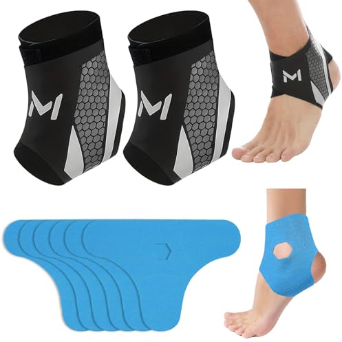 Rbleote 2 fasce per articolazioni della caviglia, con 6 nastri kinesiotapes, unisex per caviglia e caviglia, per sport e calcio, contro le pieghe (nero)