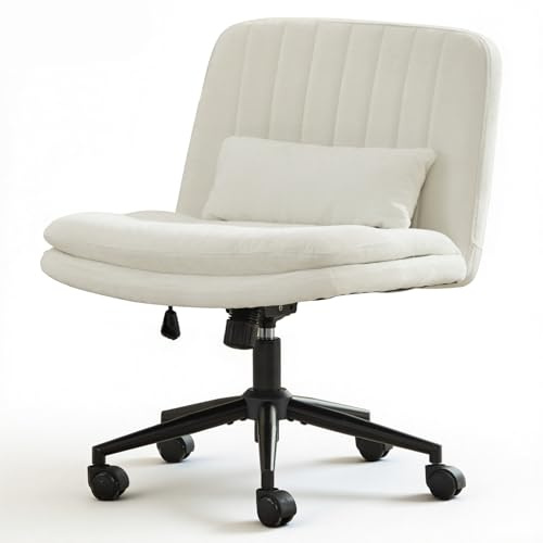 TCGBKAF Bürostuhl ohne Armlehne,Höhenverstellbarer Drehstuhl Schminktisch Stuhl mit Rollen,Schneidersitz Bürostuhl mit Breitem Sitzkissen,Kleiner Schreibtischstuhl Weiß fürs Büro (Chenille, Weiß)