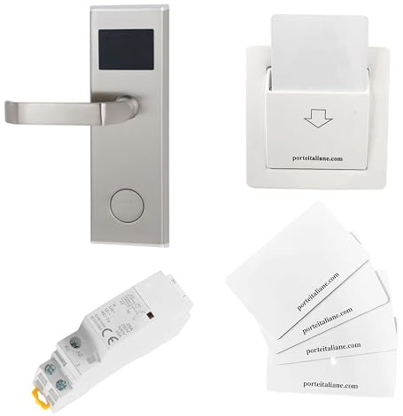 Porte Italiane, Maniglia Elettronica Lettore RFID Serratura Antipanico per Apertura Porte Controllo Accessi Camere Hotel, Alberghi, B&B e Case Vacanza, Tasca Energy Saver e 4 Card RFID, Spinta SX