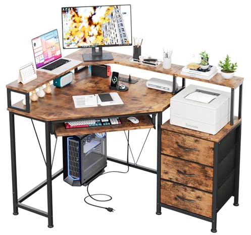 Flrrtenv 90x120cm L Shaped Desk with 3 Drawers, Corner Computer Desk with Keyboard Tray with Power Outlet & Monitor Stand, Gaming Table with LED Lights Storage Shelves for Home Office Rustic Brown