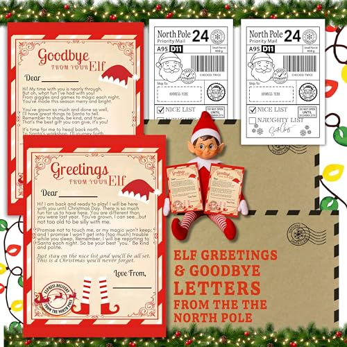 Elf Grußbrief & Elf Goodbye Brief Karte Set - 2 Umschläge mit Nordpolstempel - 2 Nordpol Weihnachtsmann Weihnachten Versandetiketten | A6 Personalisierbar mit dem Namen Ihres Kindes & Elfennamen |