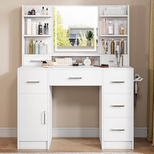 JYNVO Tocador con espejo ajustable e iluminación LED, 3 colores de luz, 9 cajones y 7 compartimentos abiertos, soporte para secador de pelo, 2 puertos de carga, tocador blanco