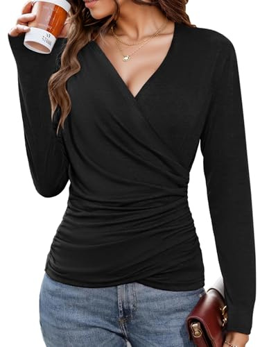 Women's Deep V Neck Cross Wrap Top, Long Sleeve Trendy Fall Ruched Asymmetricl Slim Fit Dressy Blouse Black
