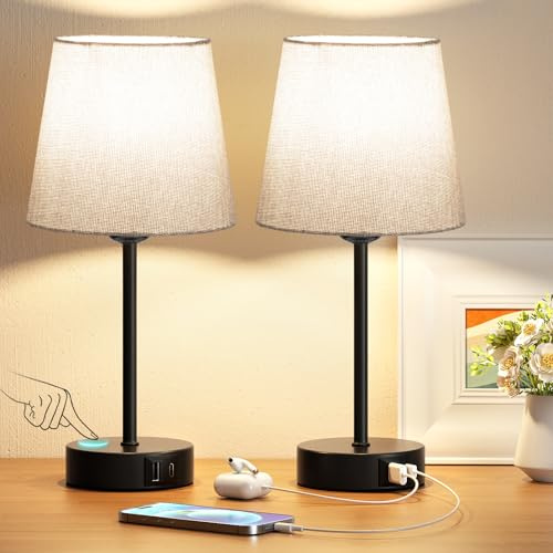 PreeOtti Nachttischlampe Touch Dimmbar 2er Set, Tischlampe mit Ladefunktion USB A+C-Anschlüssen 2 LED Birnen, Graue-Lampenschirm, Kleine Lampe für Schlafzimmer Wohnzimmer Babyzimmer Büro
