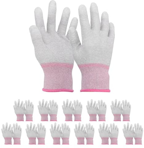 sourcing map 12Set ESD Anti-Static Gloves Electrostatic Protective Gloves Coated Fingertip Grey Carbon Fiber Small Size for Computer Installation, Building & Repair, Pink