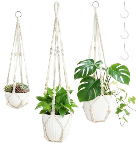 FRUHLING - Juego de 3 colgantes de macramé para decoración bohemia, cuerda de algodón, maceta colgante, soporte para plantas de macramé con ganchos y perlas de madera, para interiores y exteriores