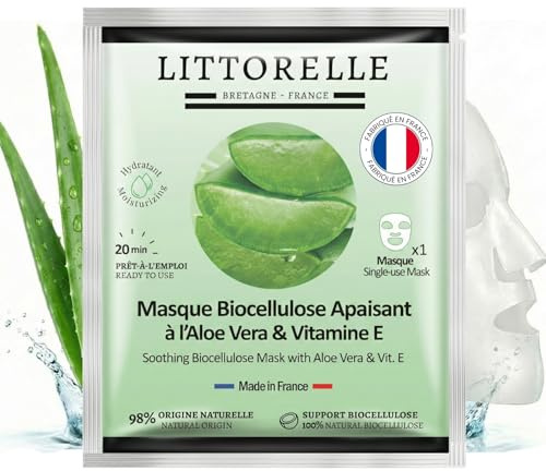 Littorelle - Masque Visage Biocellulose Apaisant & Hydratant - Aloe Vera, Vitamine E, Prébiotiques - Soin Réparateur Anti-Rougeurs Peaux Sensibles - 99% Naturel & Fabriqué en France