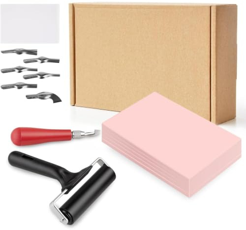 Lljsszr Kit de Linogravure Complet Kit de Gravure Linoléum Blocs Roses Outil d'Encrage Papier de Transfert Changement Rapide des Lames Surface Stable Adapté