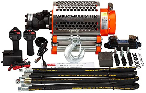 Winchmax 20000 lb / 9072 kg 24 V Original Orange Z Hydraulikwinde 25 m x 14 mm Stahlseil. 1/2 Zoll Gabelhaken. Zwei drahtlose Fernbedienungen. Komplettes Kontrollsystem.