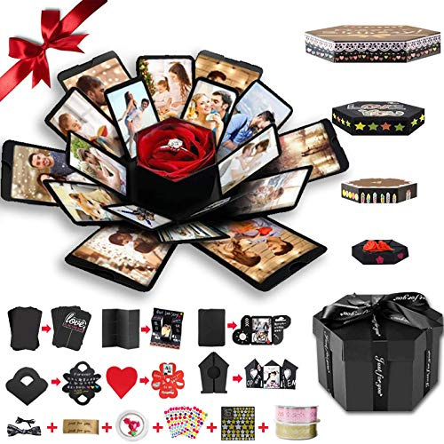 Wanateber Explosion Box, scatola regalo esplosiva fai da te con 6 facce, scatola fotografica realizzata a mano Assenbled per regalo di compleanno, anniversario, San Valentino, matrimonio (nero)