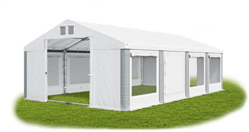 Das Company Partyzelt 4x8m Lagerzelt Universalzelt Pavillon mit Moskitonetz weiß-grau mit Bodenrahmen und Dachverstärkung 560g/m² PVC Plane wasserdicht Robust Festzelt Gartenzelt Summer Plus ISDM
