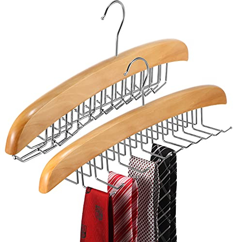 Jetec 2 Pieces Tie Rack Tie Hanger 24 Hooks Wooden Tie Rack Hanger for Closet 360 Degree Rotating Belt Holder Tie Organizer for Men Women Bras Tank Tops Camisoles(Natural Wood Color)
