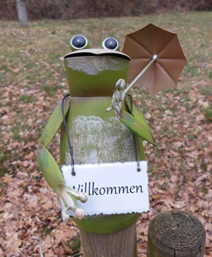 Deko-Impression Zaunfigur Zaunhocker Frosch mit Schirm u. Schild Willkommen Gartendeko Eisen
