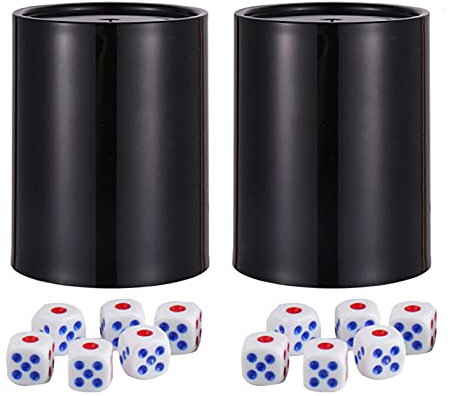 Würfelbecher, Würfelbecher, Casino-Design, zylindrisch, schwarz, Kunststoff, 2 Tassen und 12 Würfel