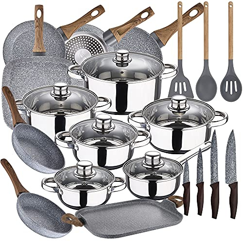 Bateria de cocina 12 piezas SAN IGNACIO Cassel, con 7 piezas (sartenes y plancha) en aluminio forjado + utensilios de cocina + cuchillos