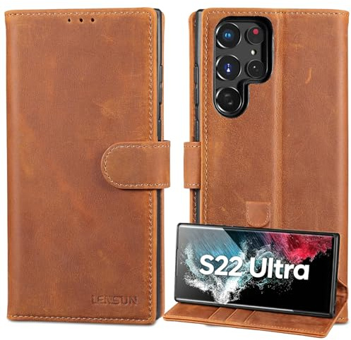 LENSUN Echtleder Hülle für Samsung Galaxy S22 Ultra, Handyhülle [Echt Leder] [Klappbar] [RFID Schutz] Handytasche Lederhülle für Galaxy S22 Ultra 5G - Vintage Braun