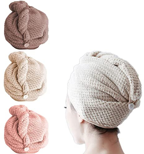 Pubiao Haarturban, 3 Stück Turban Haartrockentuch mit Knopf Mikrofaser Sanftem Schnelltrocknend Trocknender Haarturban Duschtücher Super Absorbent Haar Trocknendes Tuch für Alle Haartypen