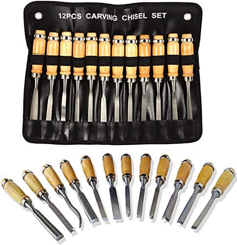 Ecoodisk Set di scalpelli per Intaglio del Legno, 12 Utensili manuali per scalpelli per la Lavorazione del Legno con Manico in Legno e Custodia per Principianti, hobbisti, Professionisti.