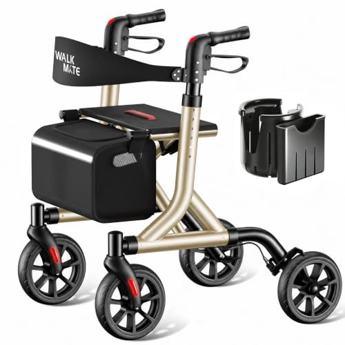 WALK MATE Andador para Ancianos Plegable y Ligero con Asiento - Altura Ajustable, Aluminio, Portavasos, Andador Delgado para Interior y Exterior, 6,7kg