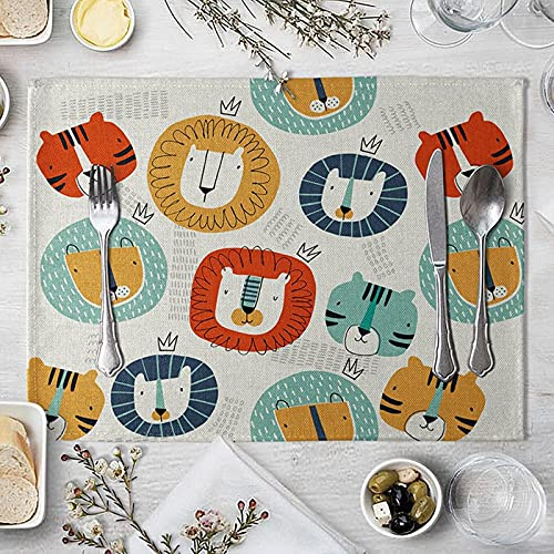 Banemi Platzset Vintage, Tischsets Abwaschbar Kinder 4er Set Baumwolle Leinen Tiger und Löwen 40X30cm Grifffeste Platzdeckchen