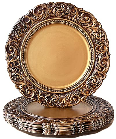 Umisriro Antique Gold Charger Plates Embossed Rim ,13 Inch Dinner Plate Chargers Round Server Ware.Set of 6 Plastic Embossed Charger for Dinner,Wedding, Elegant Tableware Decor