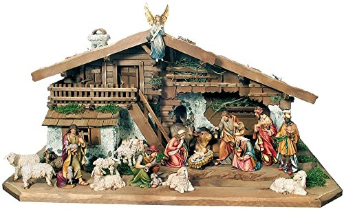 JS Garten Deko Krippe mit Krippenfiguren Raffaello Kollektion 14 Teilig H 8 cm handgeschnitzte Heiligenfigur Holzfigur Holzstatue von Dolfi