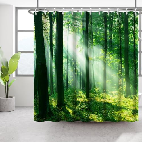 Bovlleetd 180 x 200 cm morgonskog duschdraperi 3D vårskog badrumsgardin solsken gräs duschdraperier vattentät badkarsgardin