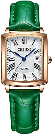 JewelryWe Uhren Damen Analog Quarz Datum Kalender 30m Wasserdicht Armbanduhr Rechteckig Römische Ziffern Geschäfts Beiläufige Uhr mit Echtleder Leder Armband Grün